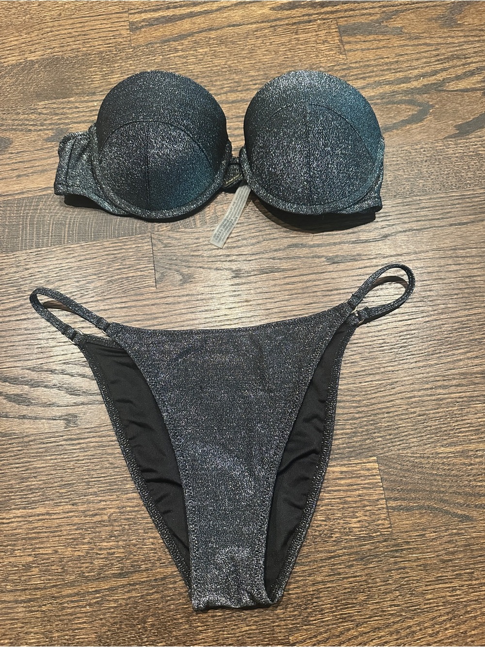 Victoria's Secret Metallic Black Shimmer Bikini Top and Bottoms Set 34C/Medium